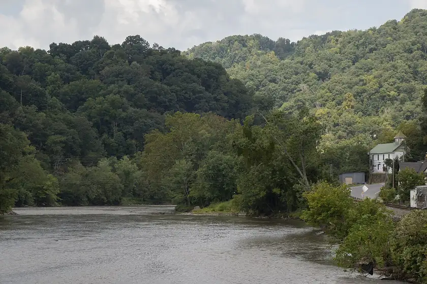 A wide river bending through trees and a small town