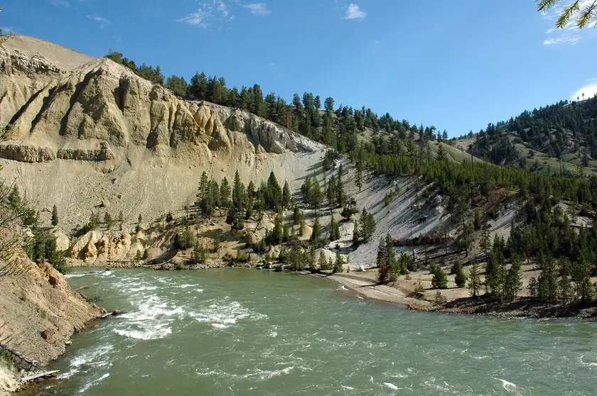 The Yellowstone River winding through a canyon near Tower Fall