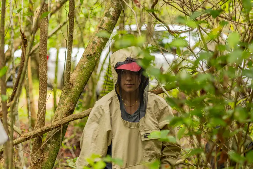 Volunteers using hand tools to cut brush in a wooded area