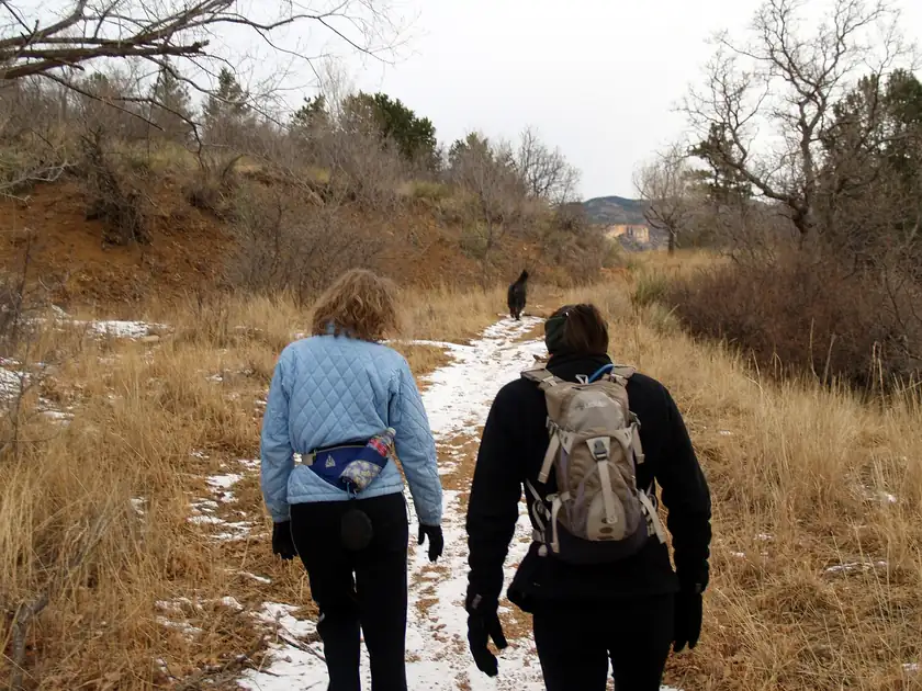 Two hikers walking away from the camera on a snowy trail, with a dog farther ahead
