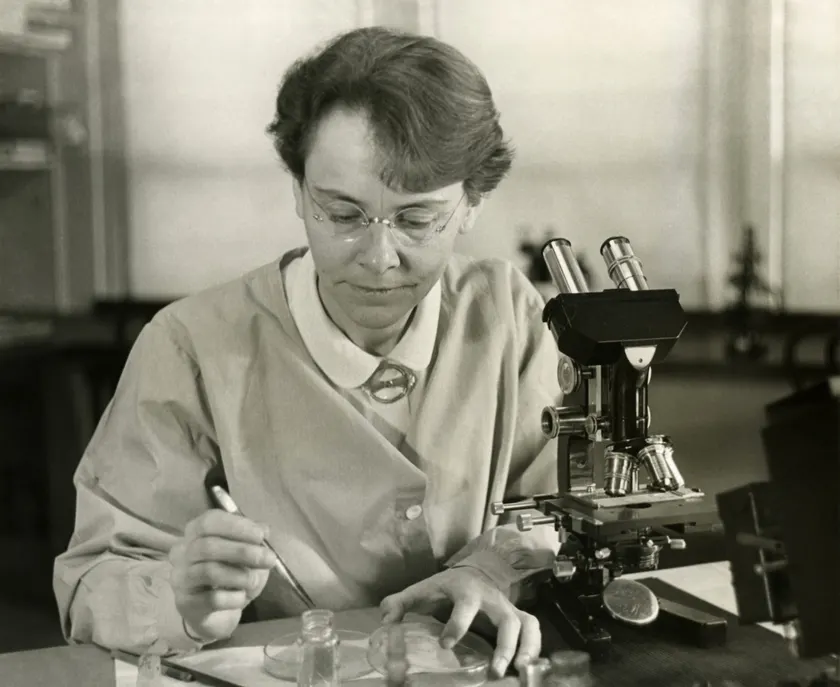 A scientist in a lab coat working at a laboratory bench