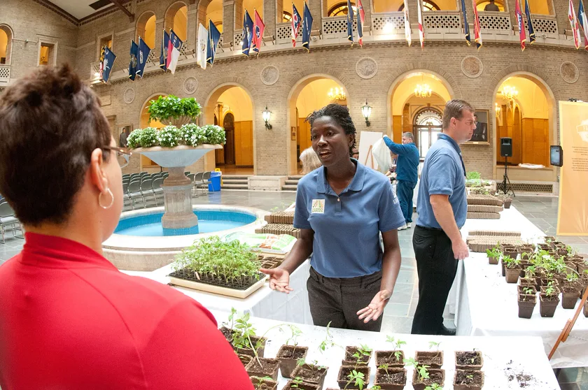 Adults talking beside trays of seedlings on tables in a large public hall