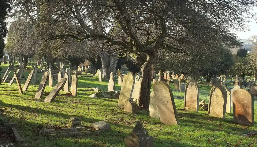 Old headstones in a green cemetery, with no people