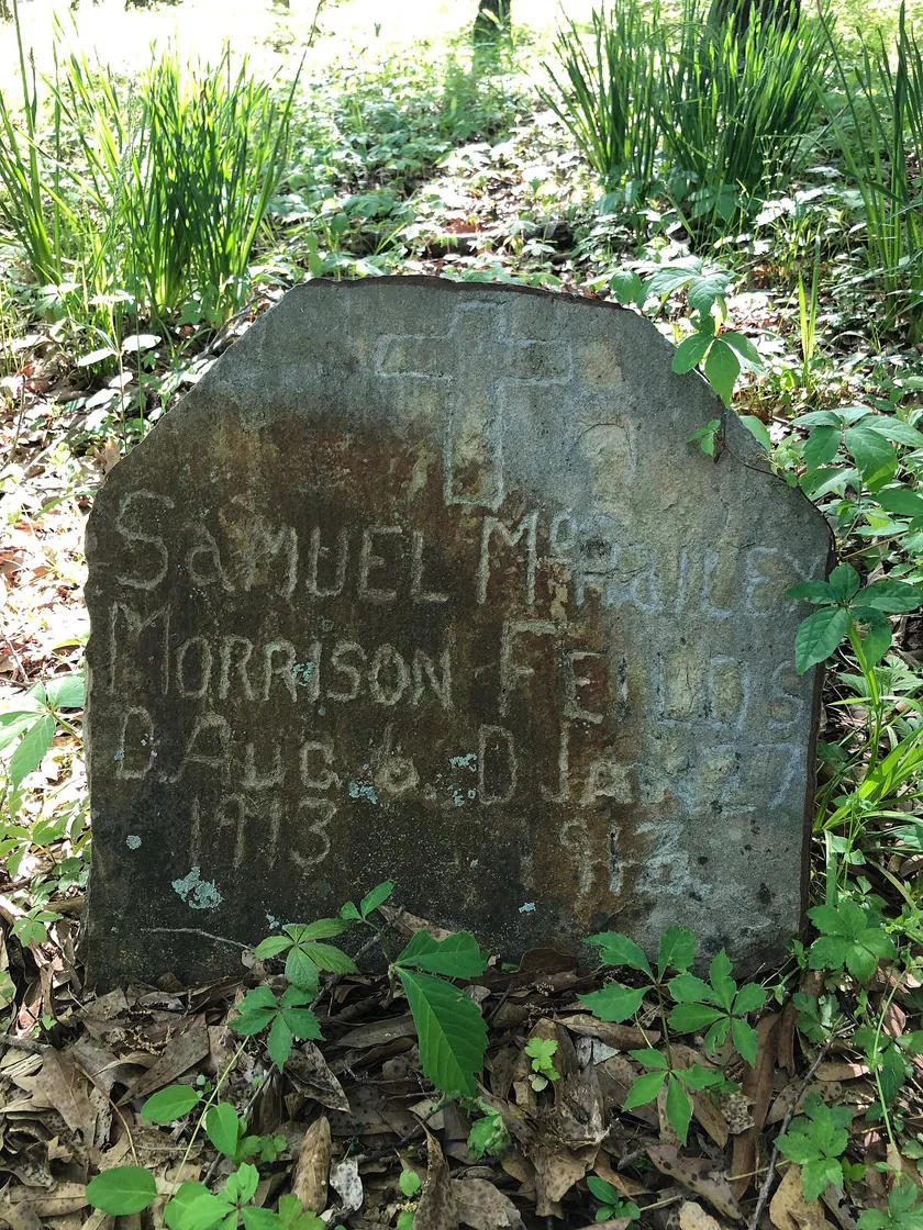 Weathered headstones and an American flag in a grassy historic cemetery