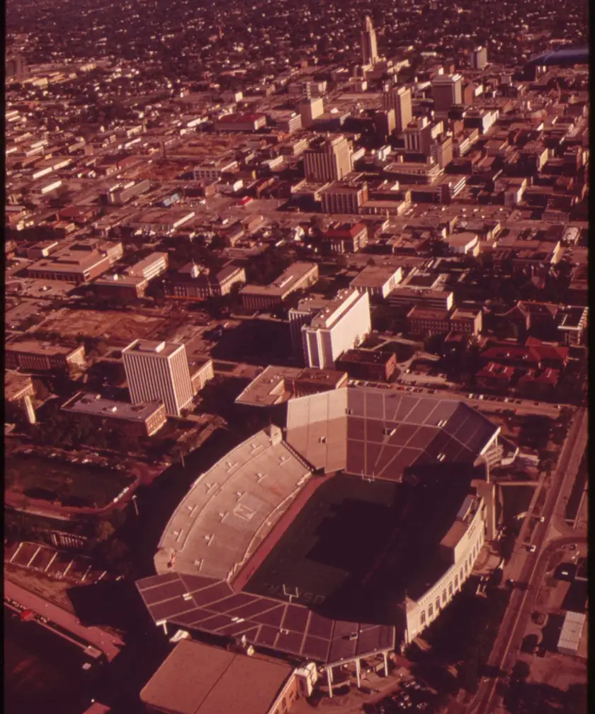 An aerial view of Lincoln, Nebraska, with Memorial Stadium in the foreground
