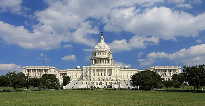 The west front of the United States Capitol, with its dome and columns