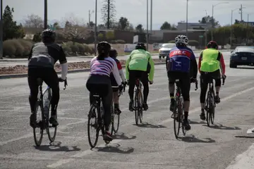 Cyclists riding away from the camera down a paved road