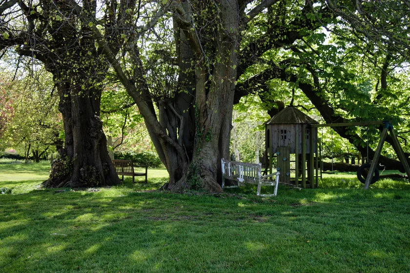 A small wooden playhouse with a shingled roof and a ladder, set in a garden