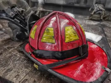 A red firefighter captain's helmet on a white background