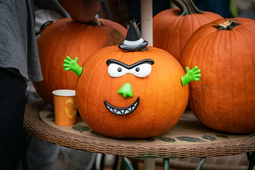 Several decorated pumpkins lined up on a table
