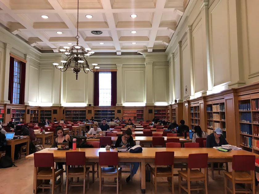 Adults reading and working at long wooden tables in a high-ceilinged library