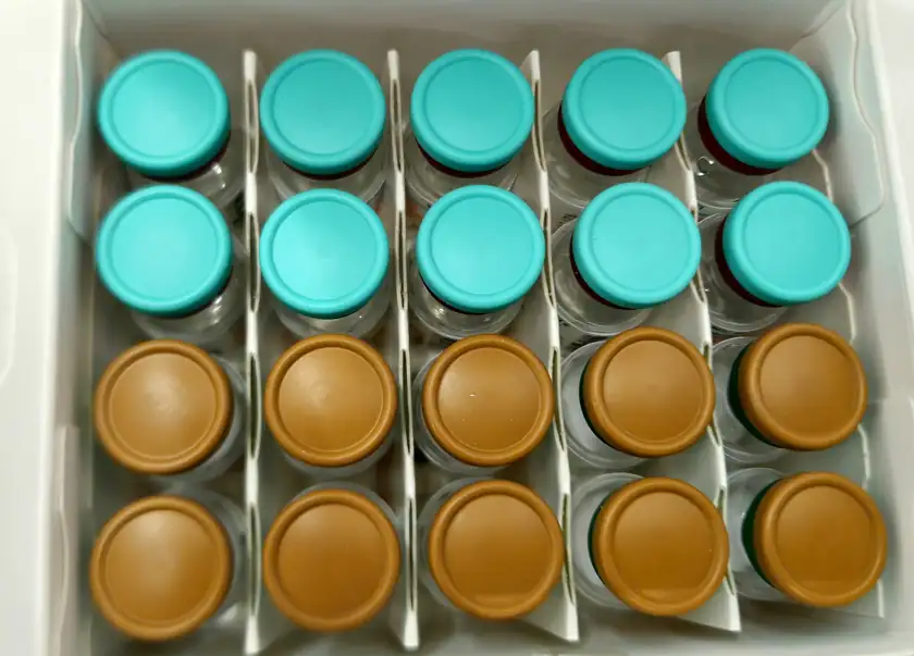 A cluster of small glass medicine vials with colored caps