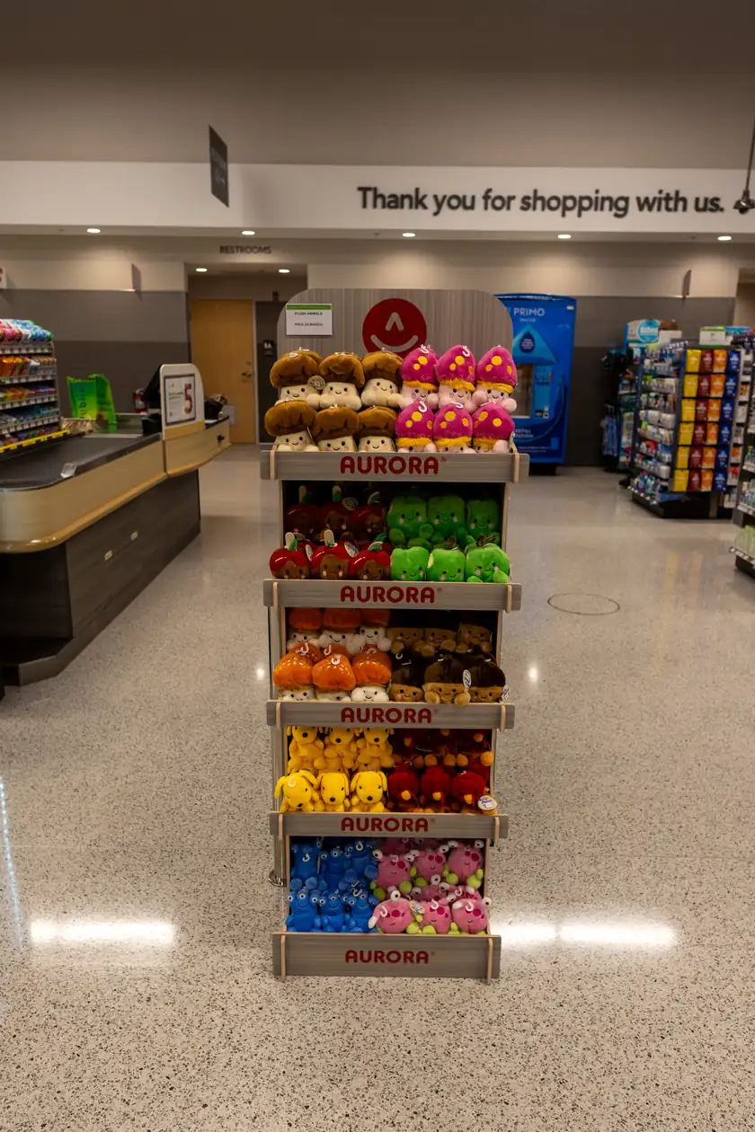 Rows of small plush animal toys lined up on a store shelf