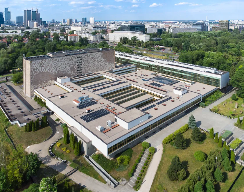 An aerial view of the National Library of Poland building in Warsaw