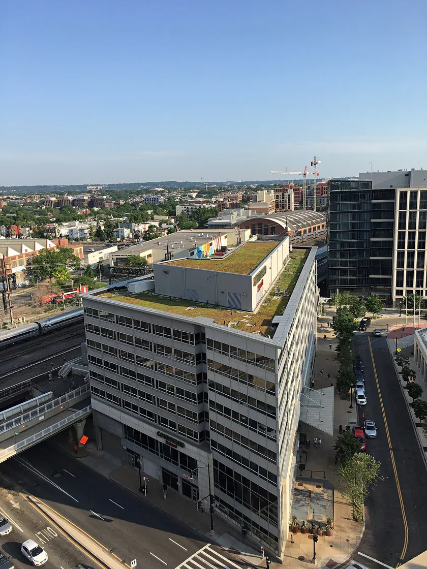 Apartment towers and a curving highway in Washington's NoMa neighborhood