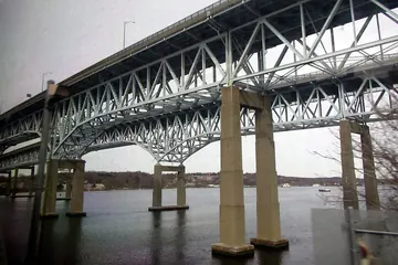 The Gold Star Memorial Bridge, a long steel truss span over a wide river